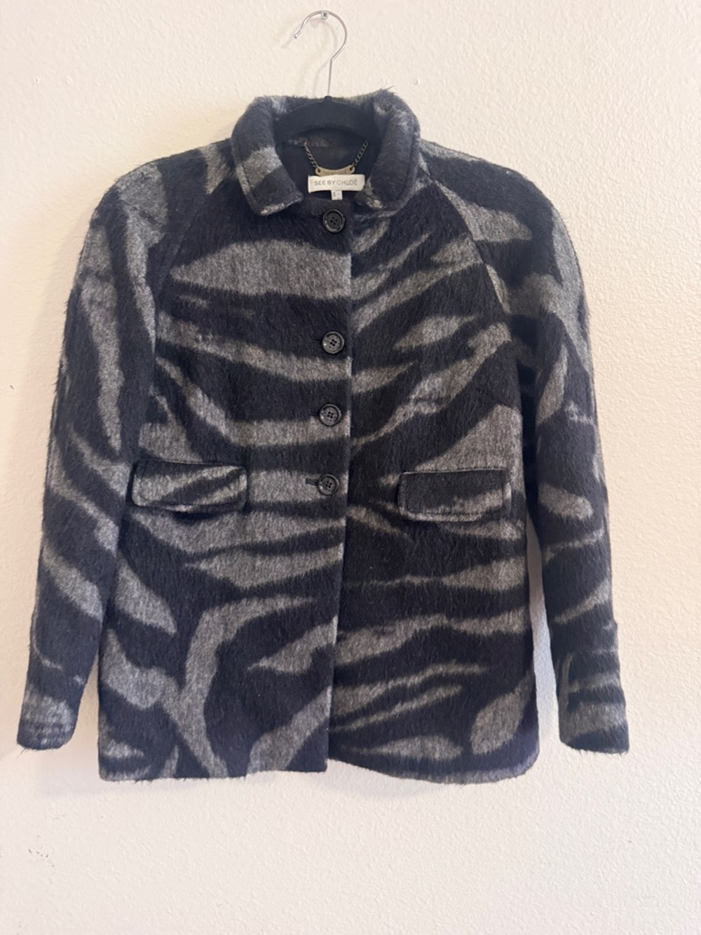 See By Chloe Black & Gray Patterned Pea Coat, Size 4